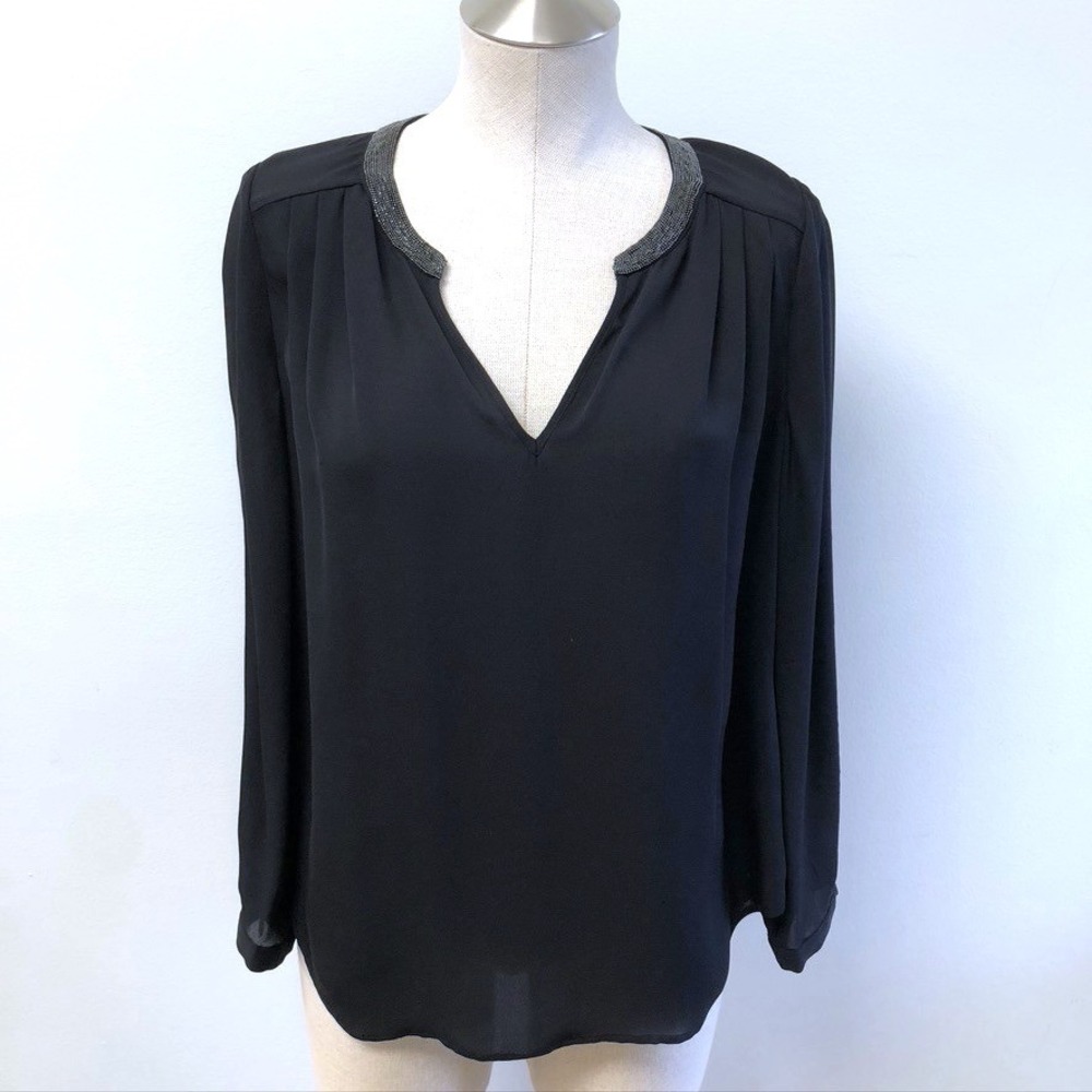 Joie Silk Blouse Womens S Small Black Beaded Split Neck Long Sleeve Business